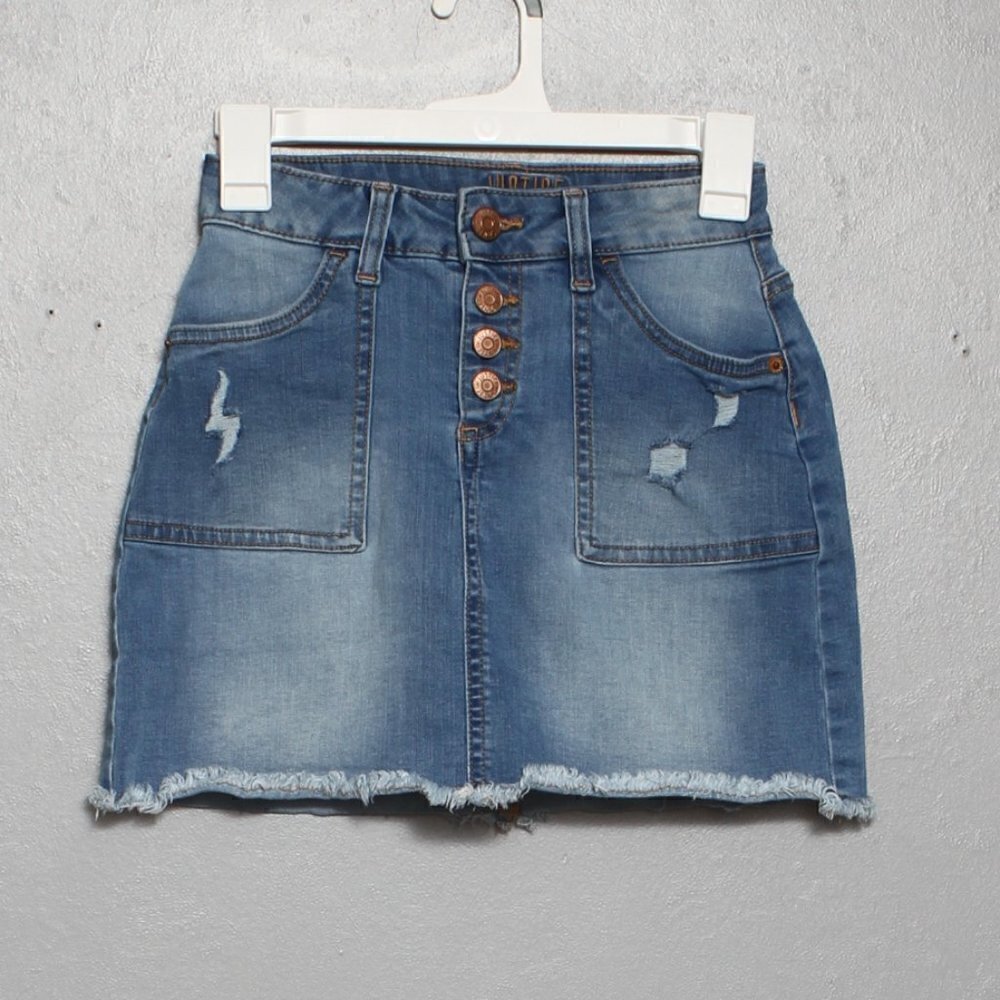 Justice medium wash distressed button fly stretch denim skirt